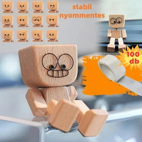 Bájos kis fa figura, amely 12 különböző arckifejezéssel mozog