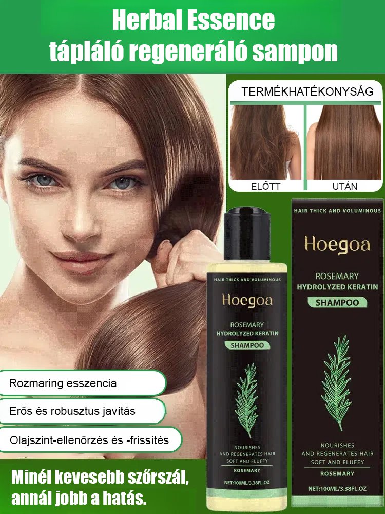 Minél kevesebb a haj, annál jobb a hatás: gyógynövényes esszenciával tápláló és helyreállító sampon.