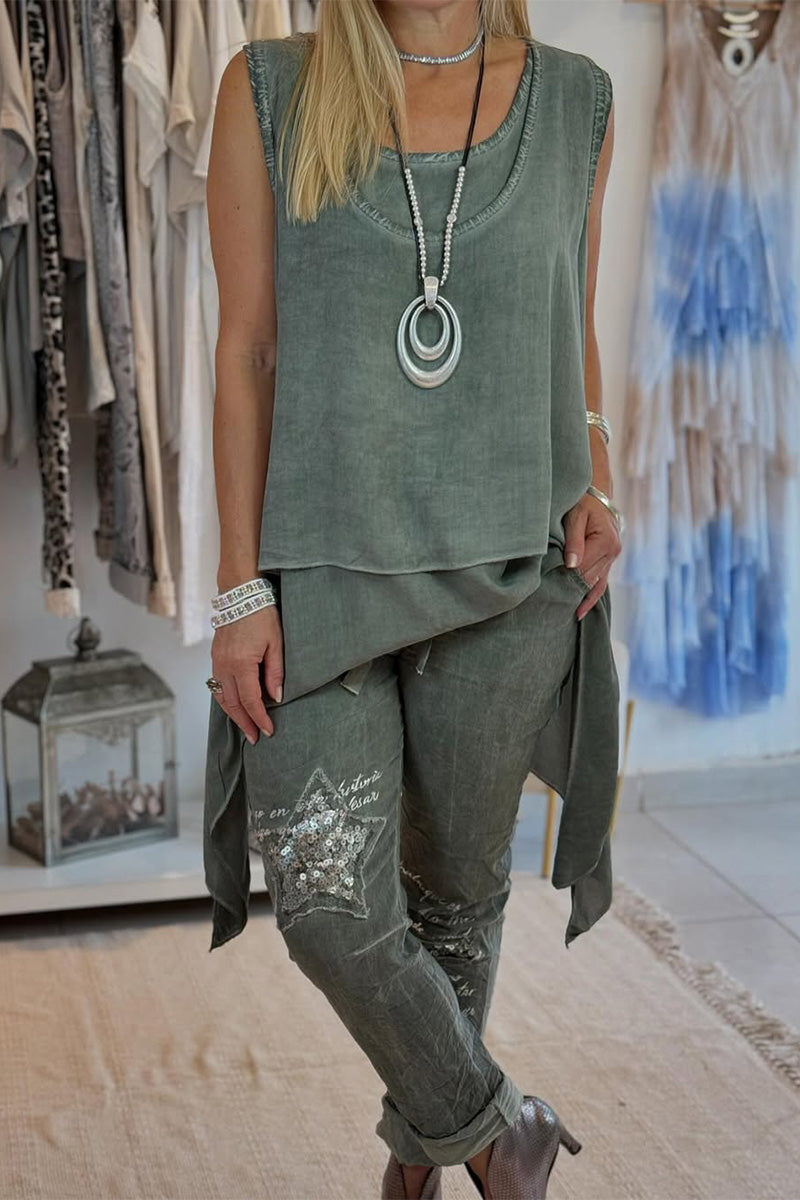 Szabálytalan, egyszínű, kerek nyakú női, ujjatlan, nyomott dupla alsó nadrág