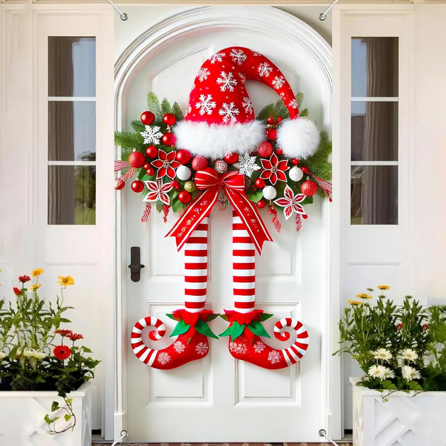 Karácsonyi banner manó lábakkal az ajtón