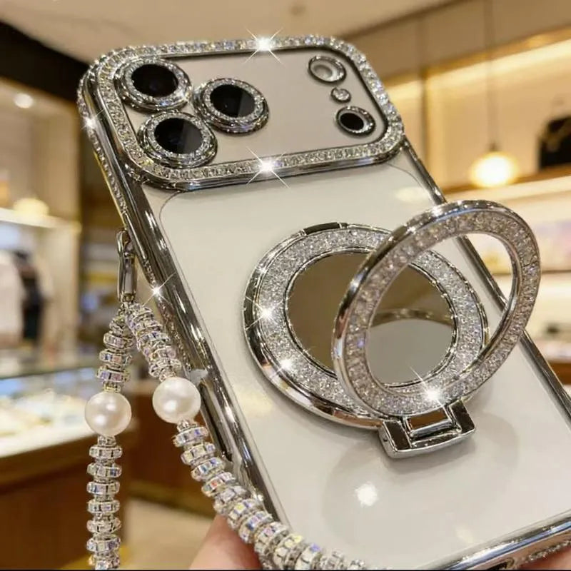 ✨💎Csillogó gyémánt mintás női telefontok tükörrel és állvánnyal iPhone 12/13/14/15/16/17 Pro Max,17Air,14/15/16 Plus készülékekhez💖