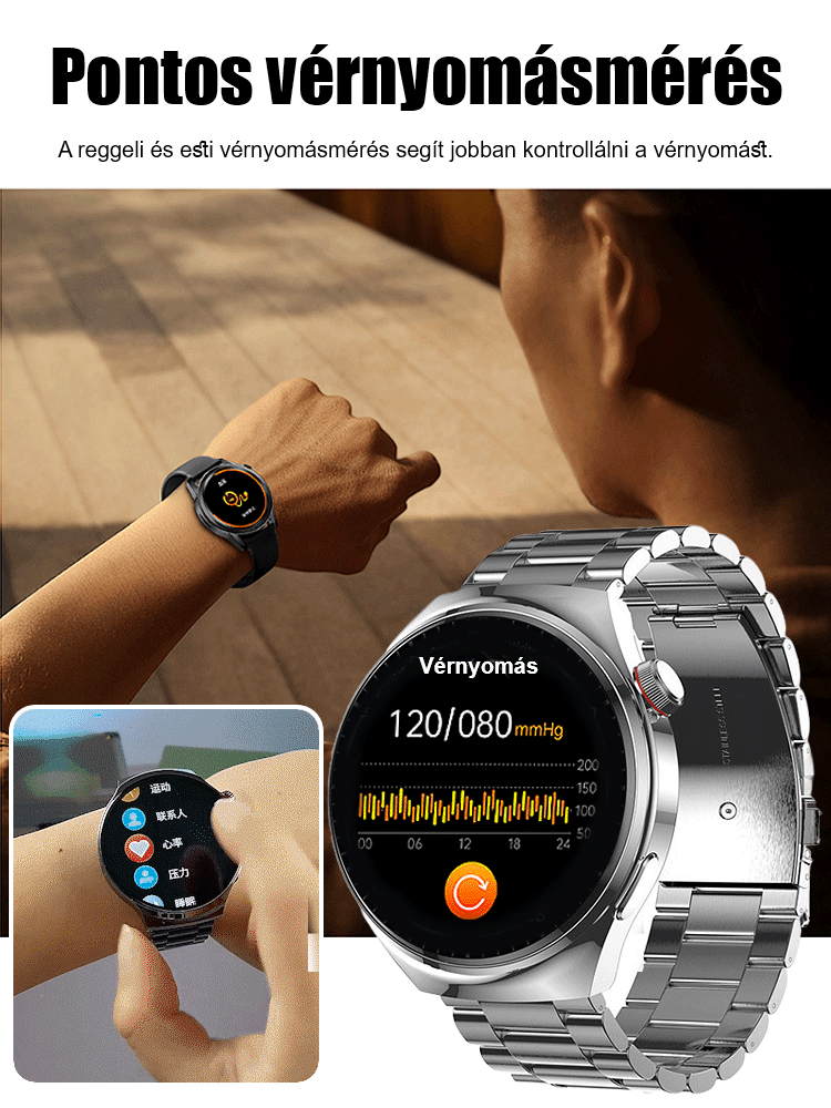 Vércukorszint mérésére szolgáló óra acélszíjjal