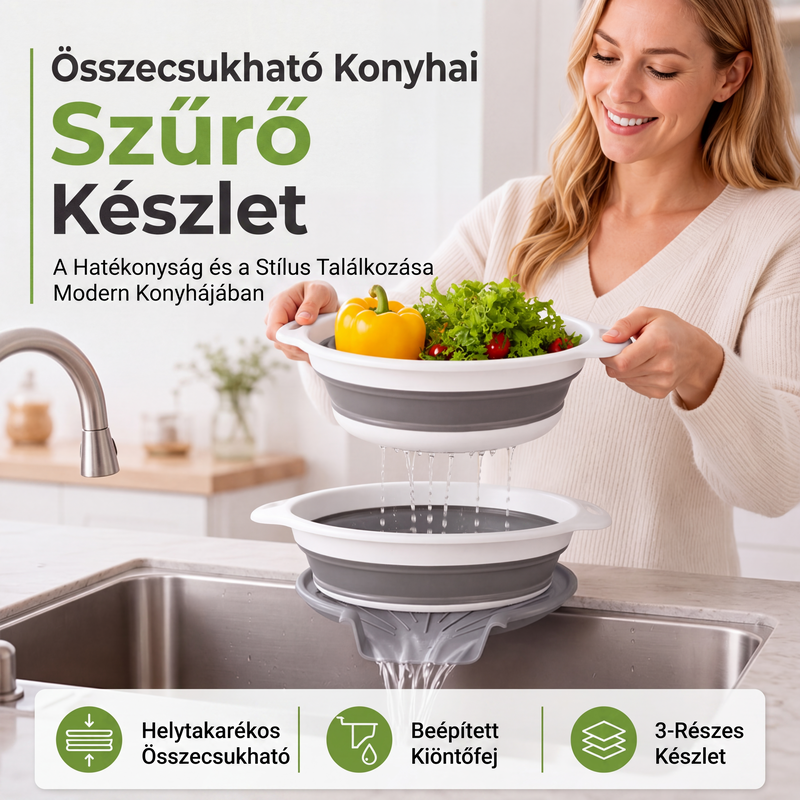 🍲 3 rétegű összehajtható szűrő – Leeresztő talppal, helytakarékos 📦