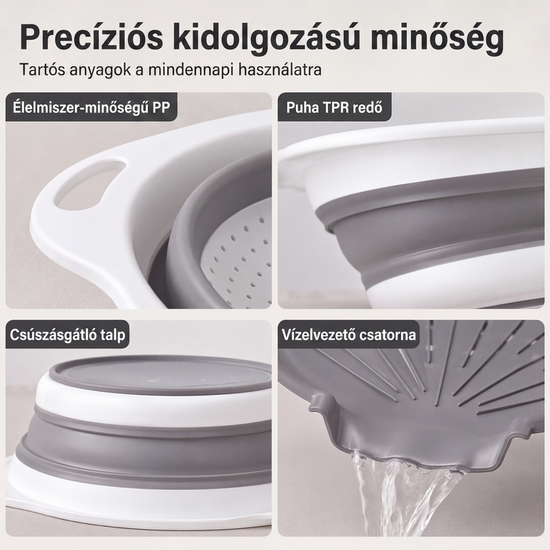 🍲 3 rétegű összehajtható szűrő – Leeresztő talppal, helytakarékos 📦
