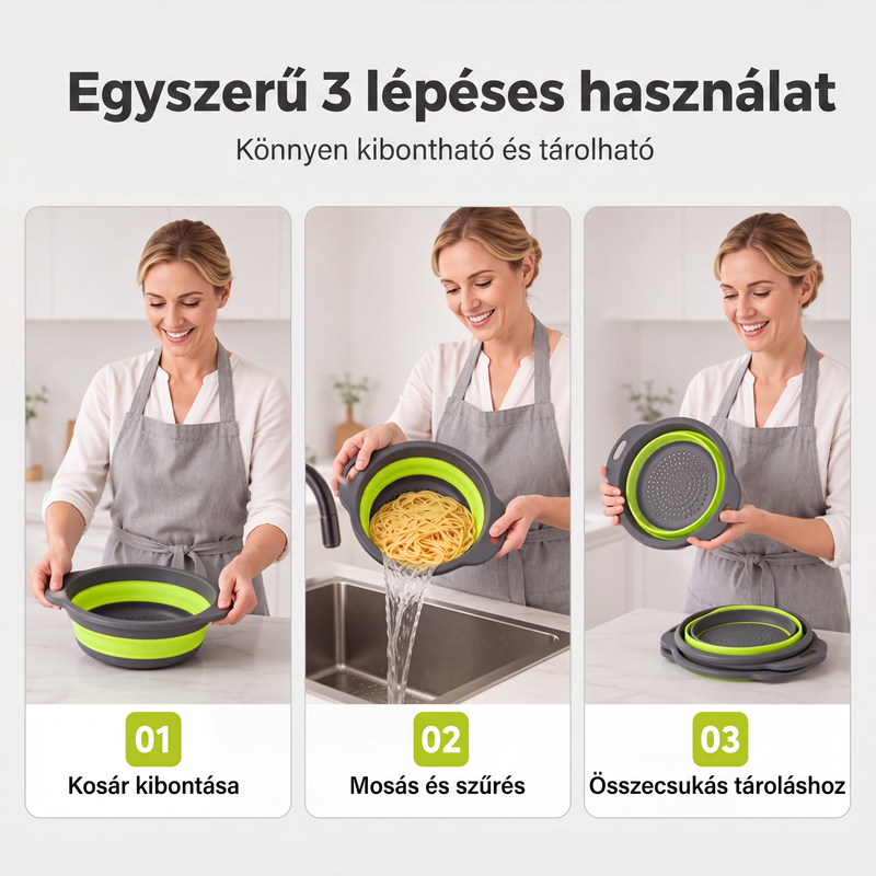 🍲 3 rétegű összehajtható szűrő – Leeresztő talppal, helytakarékos 📦