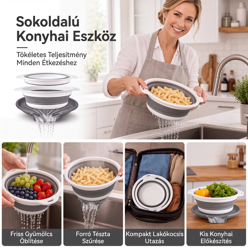 🍲 3 rétegű összehajtható szűrő – Leeresztő talppal, helytakarékos 📦