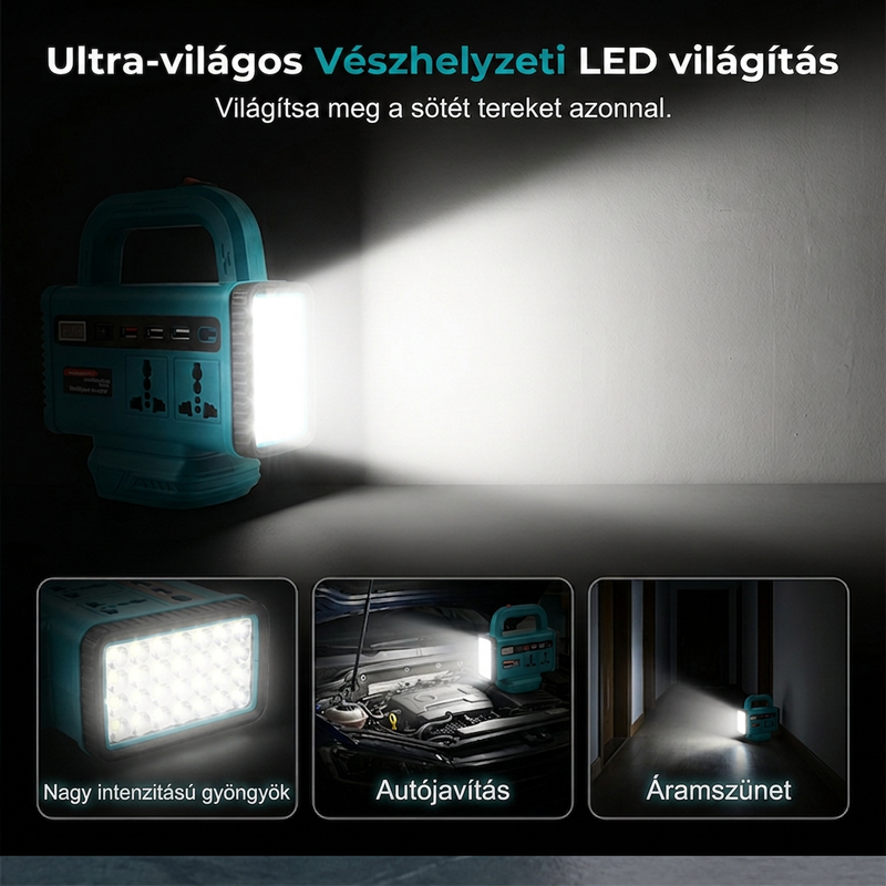 🔌 Hordozható teljesítményinverter LED munkalámpával