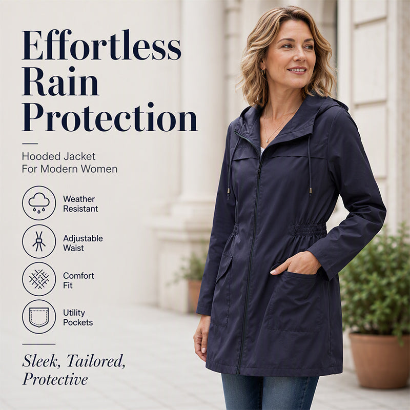 🌧️✨ Női Vízálló Kapucnis Széldzseki – Állítható Derék, Praktikus Zsebek & Elegáns Esőálló Viselet