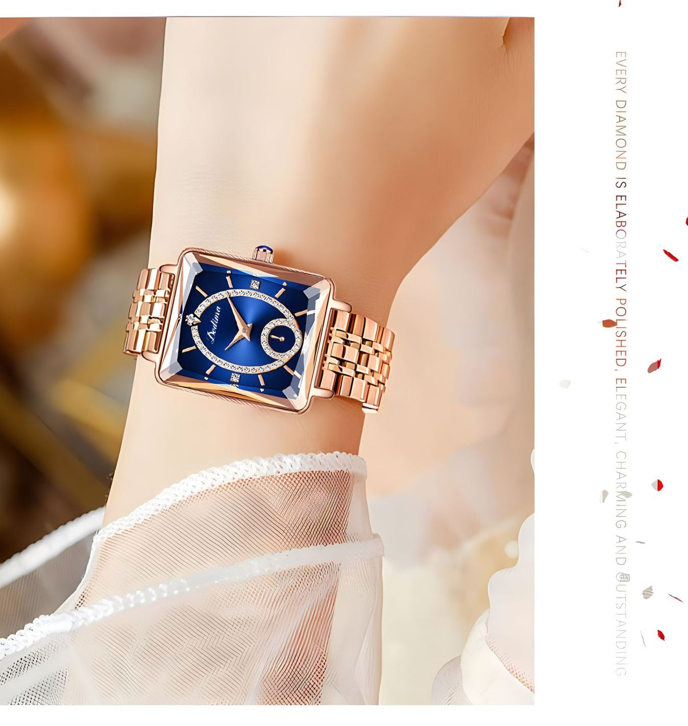 💎Divatos, szögletes női karóra rozéaranyból, gyémántokkal