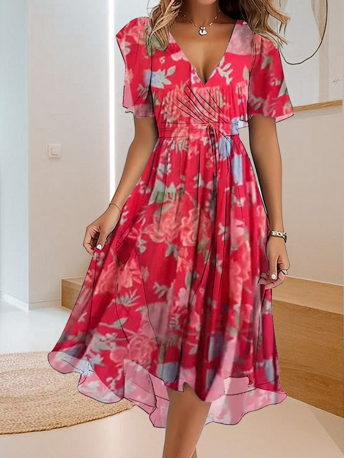 V-nyakú, egyszerű mintás lezser ruha