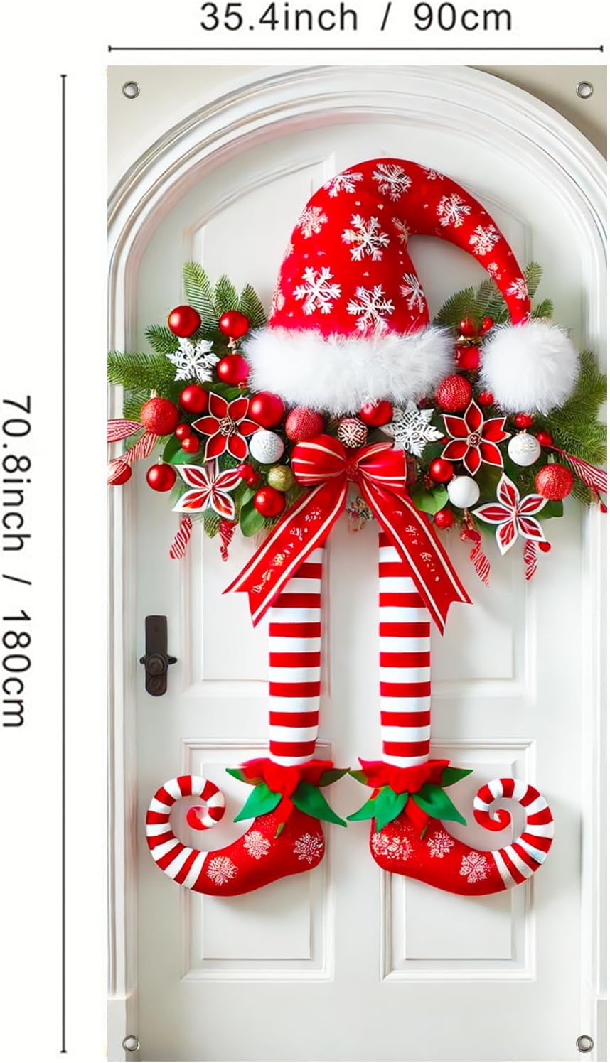 Karácsonyi banner manó lábakkal az ajtón