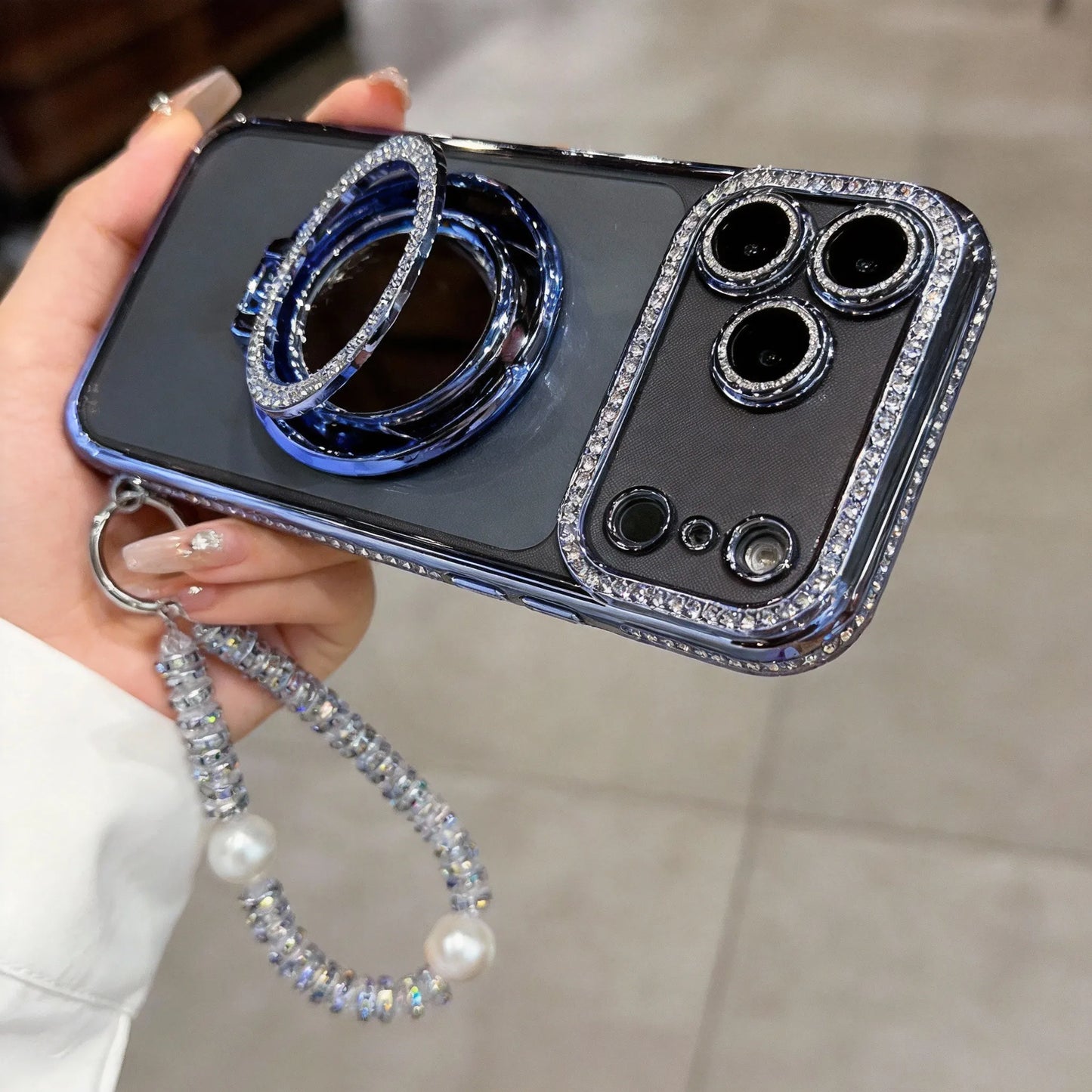 ✨💎Csillogó gyémánt mintás női telefontok tükörrel és állvánnyal iPhone 12/13/14/15/16/17 Pro Max,17Air,14/15/16 Plus készülékekhez💖