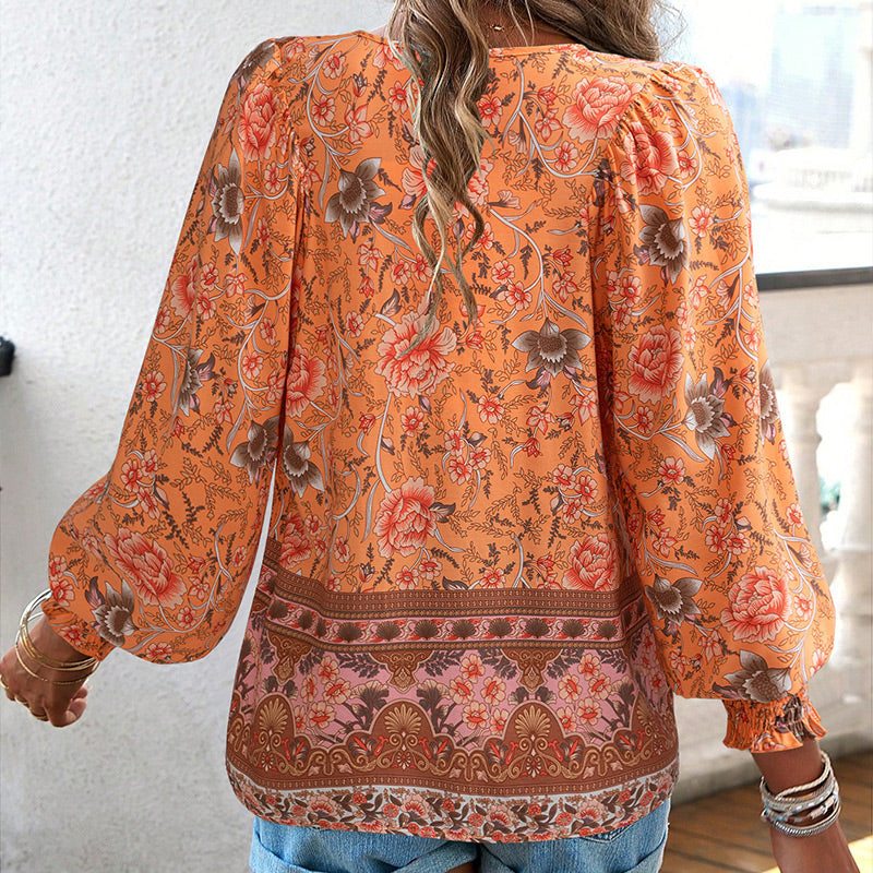 【S-2XL】🌺Női divatos, hosszú ujjú, nyomtatott V-nyakú ing