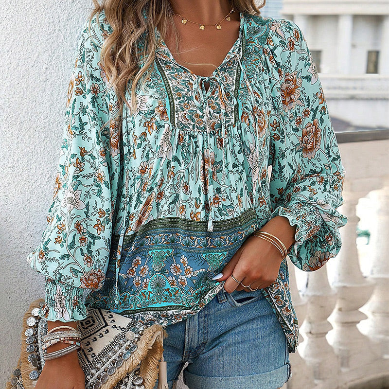 【S-2XL】🌺Női divatos, hosszú ujjú, nyomtatott V-nyakú ing