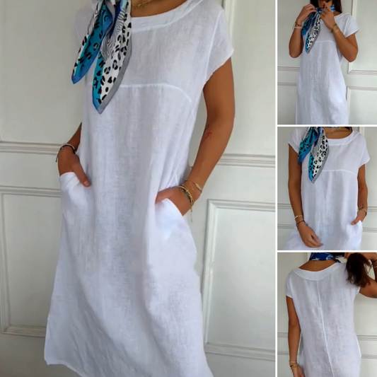 Újdonság 2025-ben! 🔥Női vászonruha kerek nyakkivágással, rövid ujjal