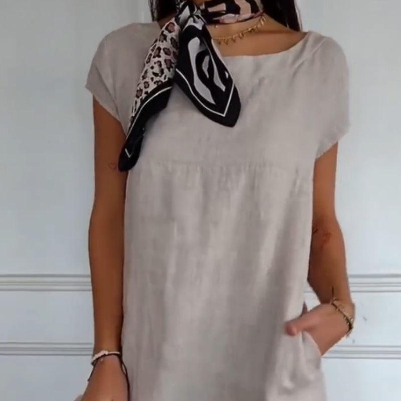 Újdonság 2025-ben! 🔥Női vászonruha kerek nyakkivágással, rövid ujjal