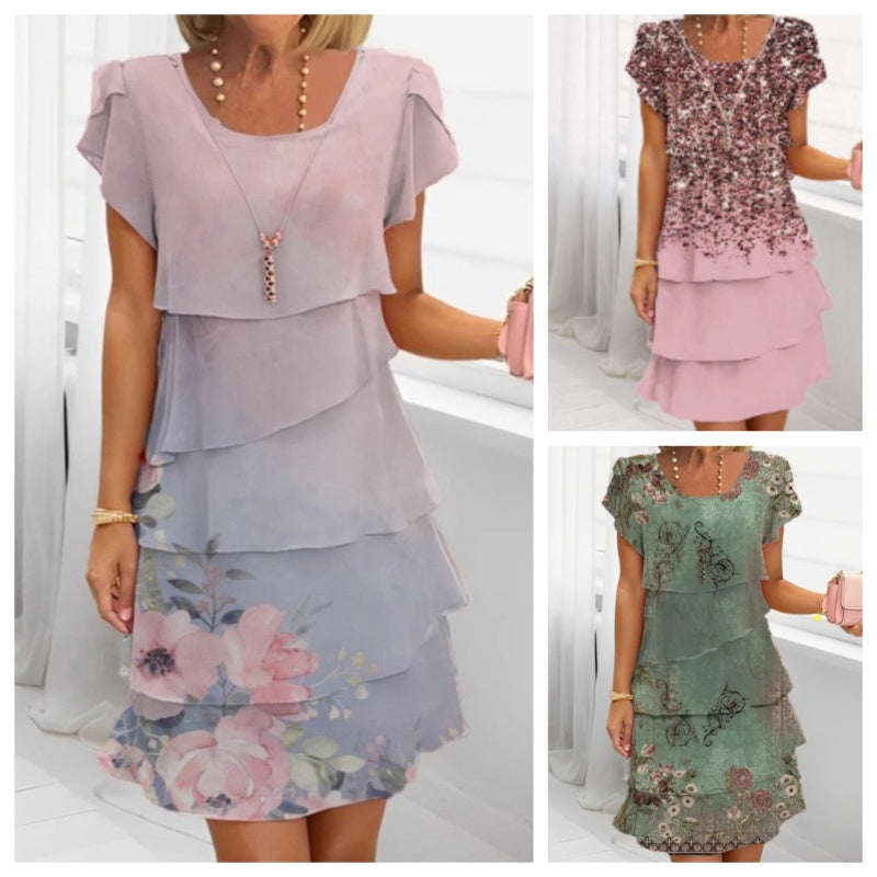 👗Elegáns, kerek nyakú ruha virágmintával🌸
