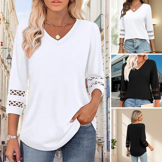 🌺[S-3XL]👚✨ Klasszikus Egyszínű V-nyakú Felső 3/4-es Ujjakkal