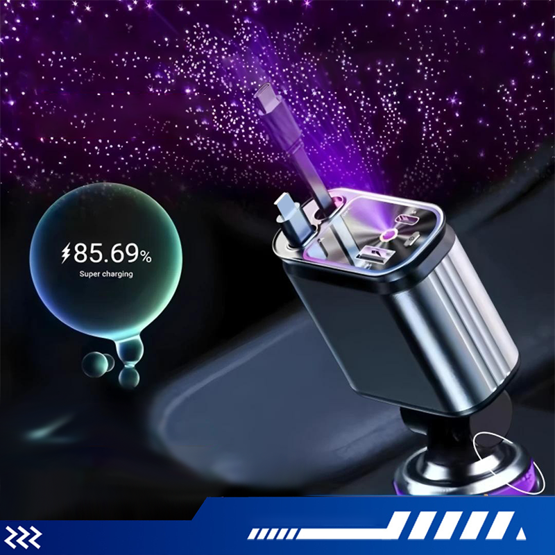 📱 Többfunkciós autós töltő gyorstöltéssel és visszahúzható kábellel | Minden okostelefonnal kompatibilis